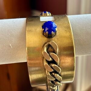 Wide Brass Bracelet with Deep Blue Stone
